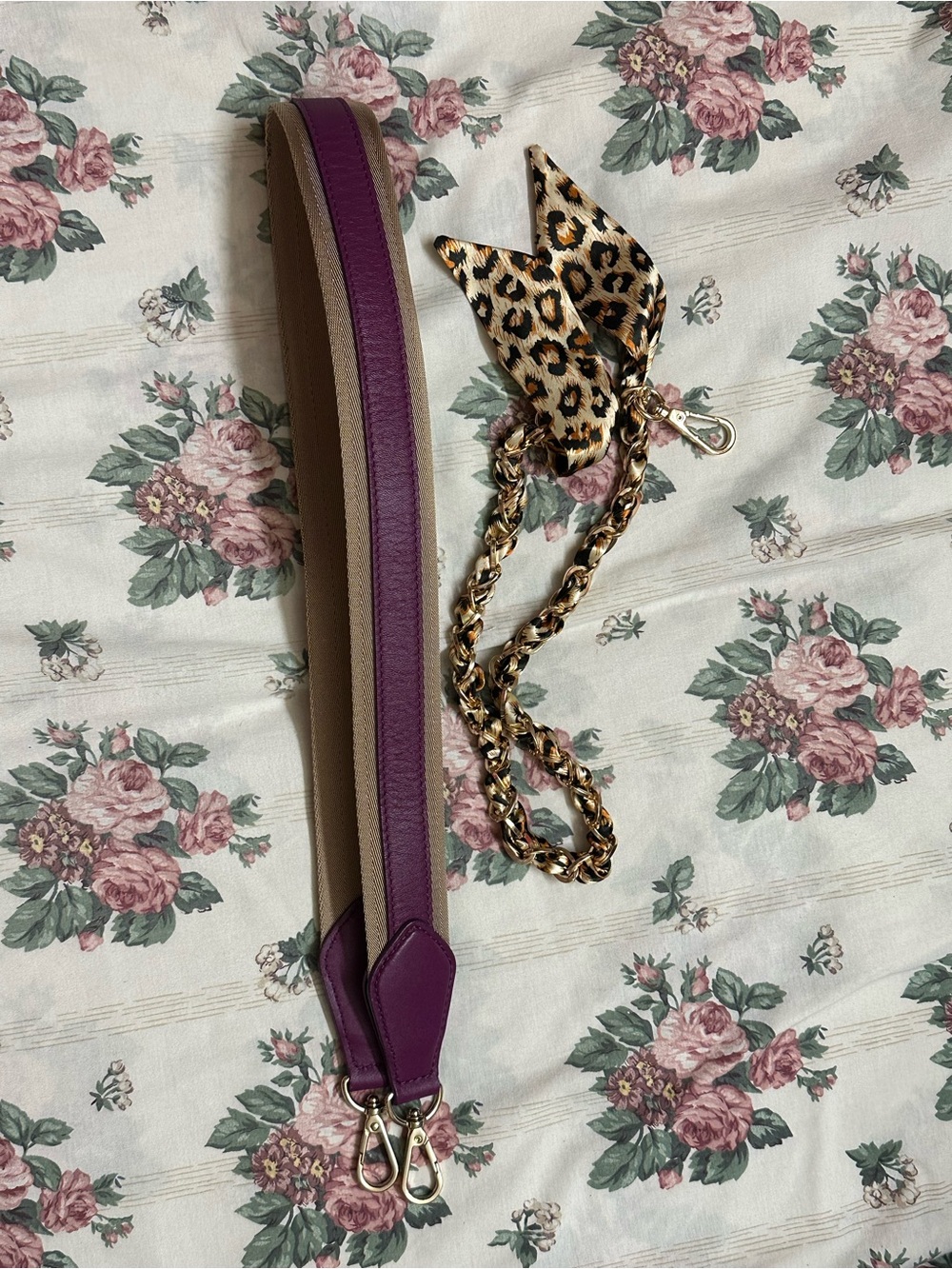 MCM Purple Leather & Canvas Shoulder Strap + FREE Leopard Chain Strap